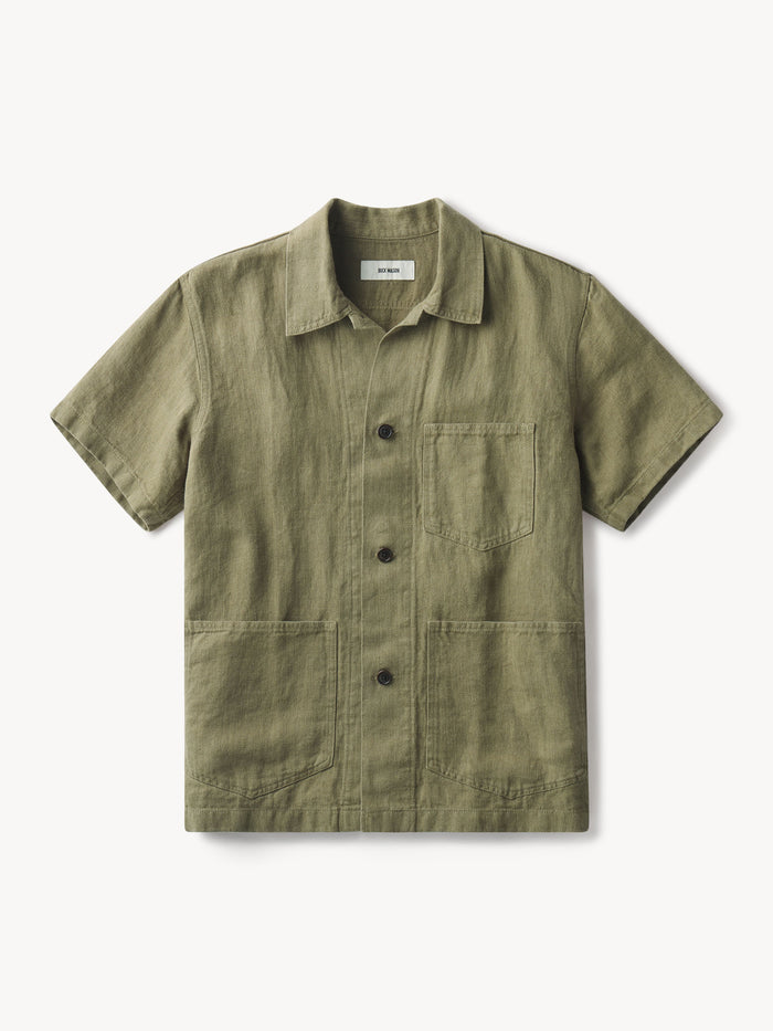 Olive Herringbone Loomed Linen S/S Surplus Shirt